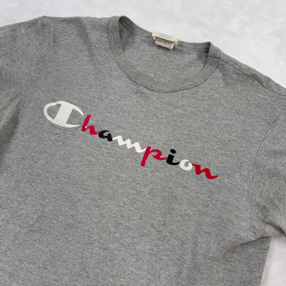 Champion Mens Script Logo T-Shirt Gray Short Sleeve Crew Neck GT19 Medium